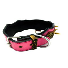 Pembe Viking Model Çivili Deri Köpek Tasması