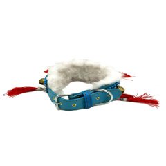 Boncuklu Püsküllü Kürklü Zilli Deri Köpek Tasması
