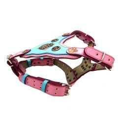Pembe Özel Tasarım Eskitme Deri Köpek Göğüs Tasması