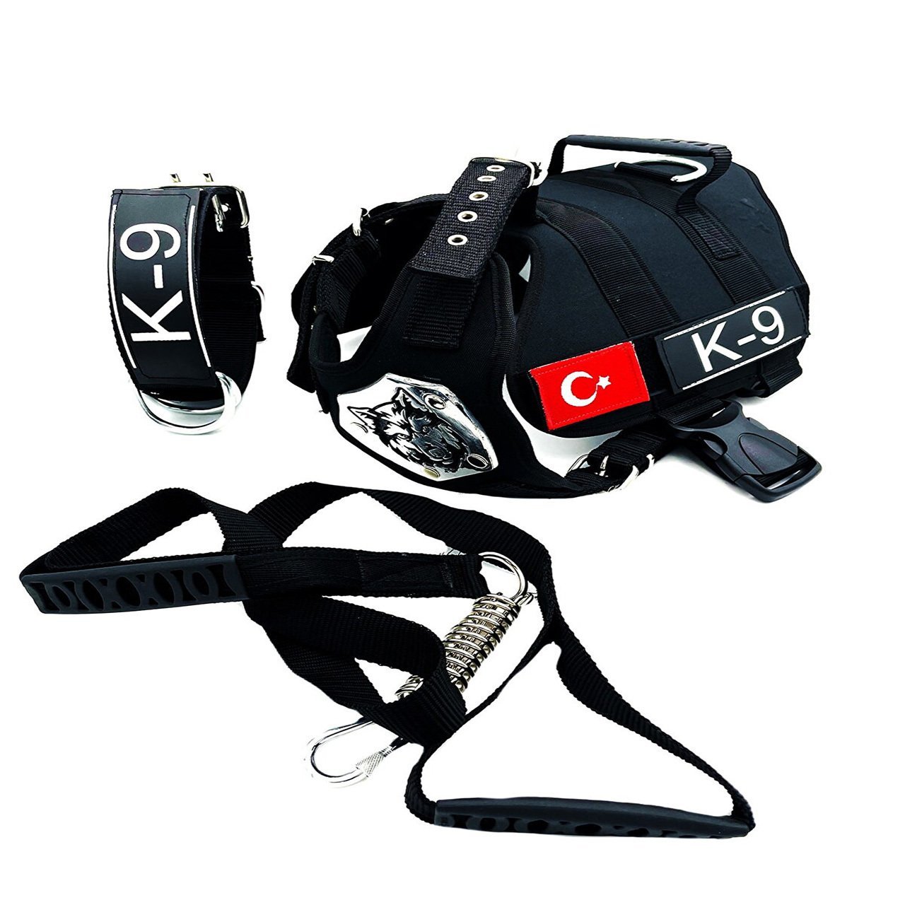 Siyah Kurt Başlı Klipsli K9 Köpek Tasması Seti
