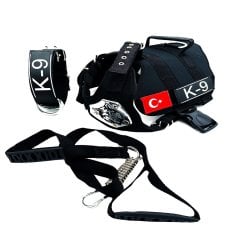 Siyah Kurt Başlı Klipsli K9 Köpek Tasması Seti