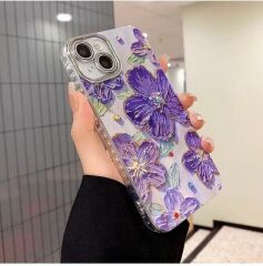 iPhone Çiçek Desenli Lens Korumalı Kılıf - Mor