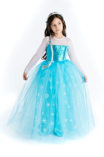Kız Çocuk Mavi Elsa Kostümü Saç Hediyeli