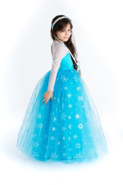 Kız Çocuk Mavi Elsa Kostümü Saç Hediyeli