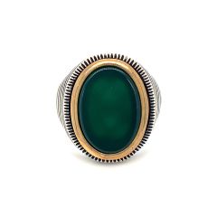 Oval Kesim Yeşil Akik Taşlı Gümüş Erkek Yüzük