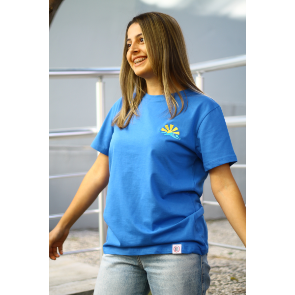 Dalga Motifli Unisex Tişört - Mavi