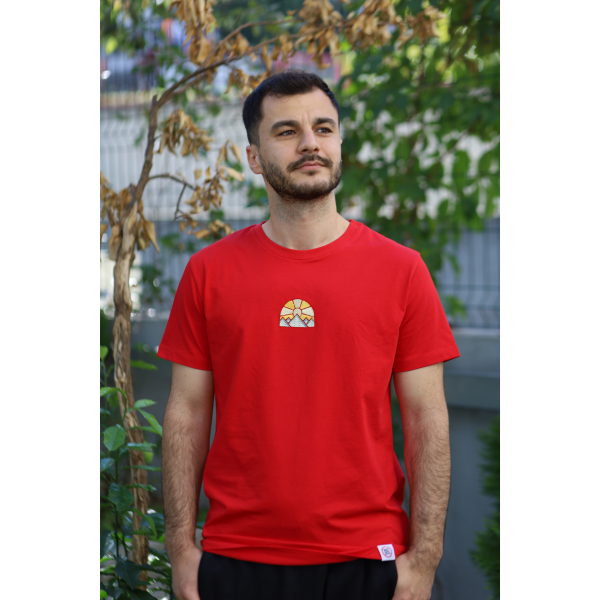 Doğan Güneş Motifli Unisex Tişört - Kırmızı