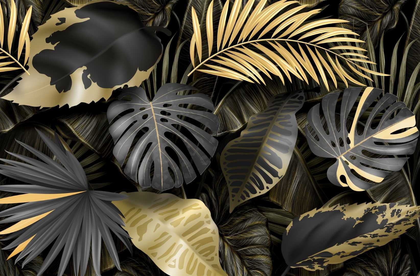 SİYAH VE GOLD YAPRAKLAR 3D DUVAR POSTERİ