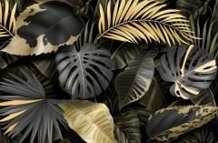 SİYAH VE GOLD YAPRAKLAR 3D DUVAR POSTERİ