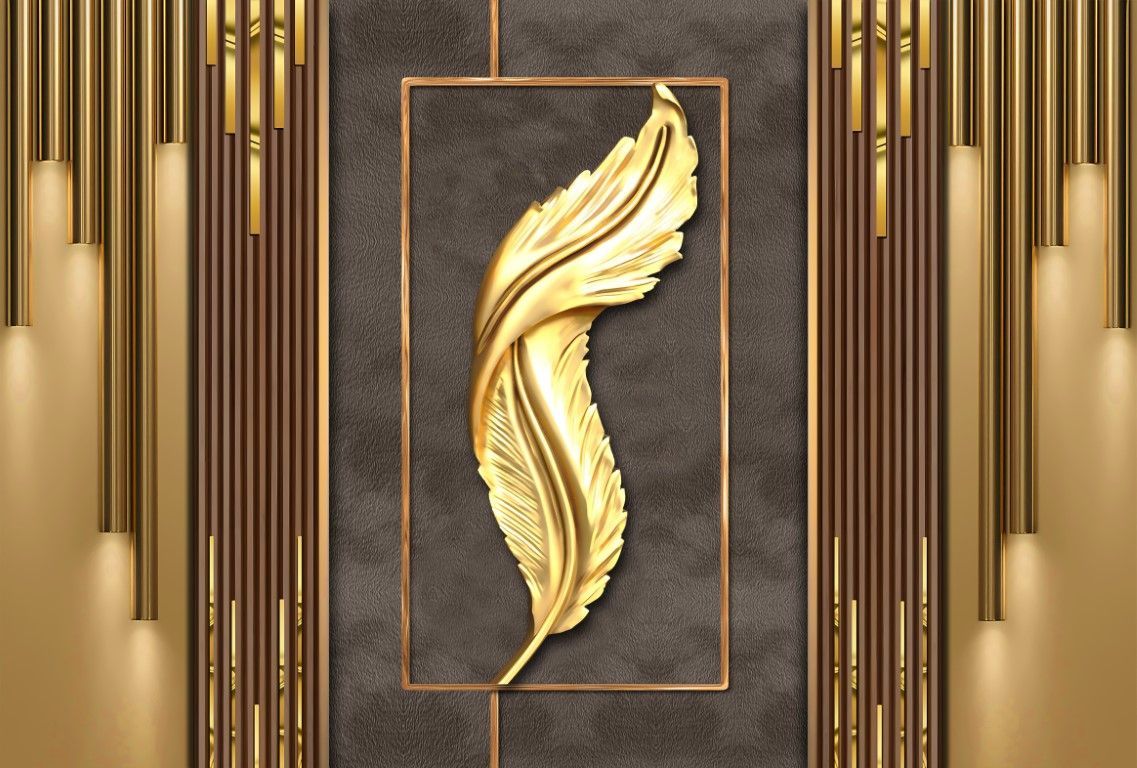 YAPRAK DESEN KAHVERENGİ GOLD ÇITA GÖRÜNÜMLÜ DUVAR POSTERİ