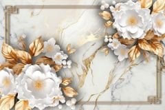 MERMER DESEN ÜZERİNDE BEYAZ GOLD ÇİÇEKLER DUVAR POSTERİ