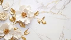 MERMER DESEN ÜZERİNDE BEYAZ GOLD ÇİÇEKLER DUVAR POSTERİ