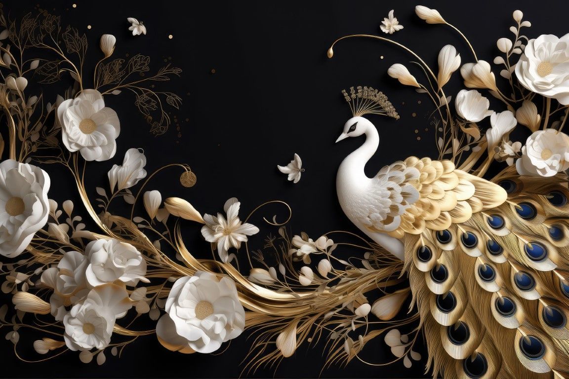 BEYAZ GOLD TAVUS KUŞU VE ÇİÇEKLER DUVAR POSTERİ