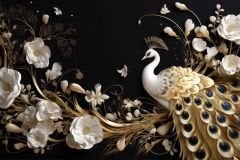 BEYAZ GOLD TAVUS KUŞU VE ÇİÇEKLER DUVAR POSTERİ