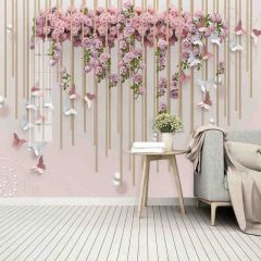 PEMBE GÜL VE KELEBEKLER DUVAR POSTERİ