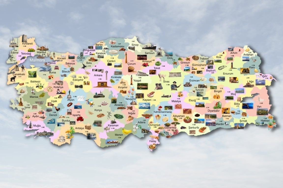TÜRKÇE RESİMLİ TÜRKİYE HARİTASI DUVAR POSTERİ