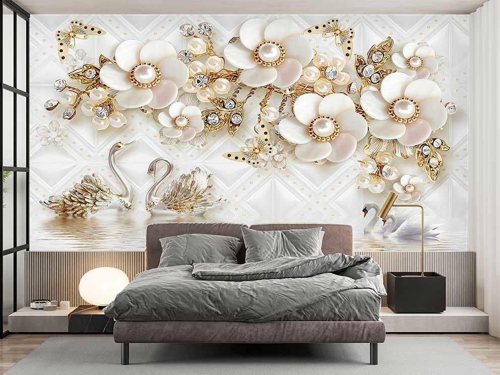 BEYAZ GOLD KUĞULU LÜKS DUVAR POSTERİ