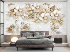 BEYAZ GOLD KUĞULU LÜKS DUVAR POSTERİ