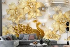 GOLD ÇİÇEK VE KUĞU LÜKS DUVAR POSTERİ