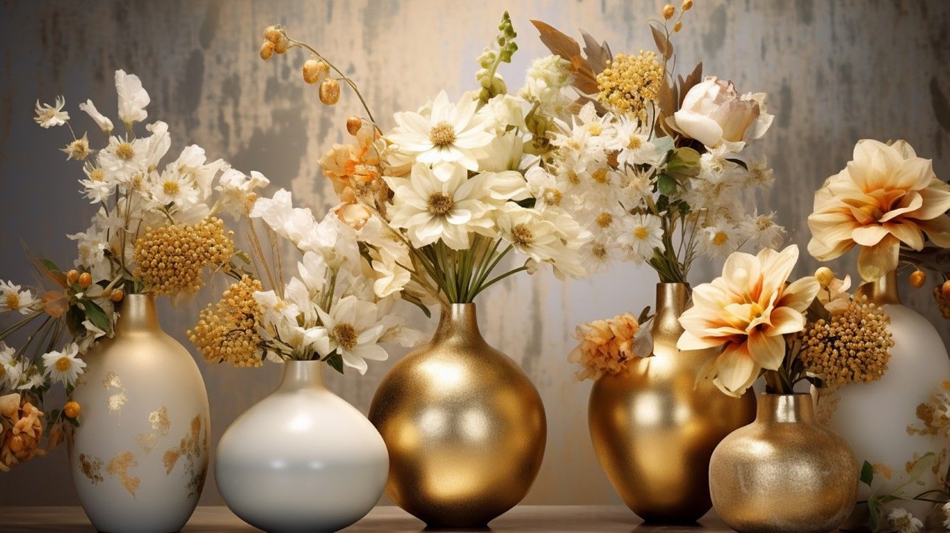BEYAZ GOLD VAZOLARIN İÇİNDE ÇİÇEKLER DUVAR POSTERİ