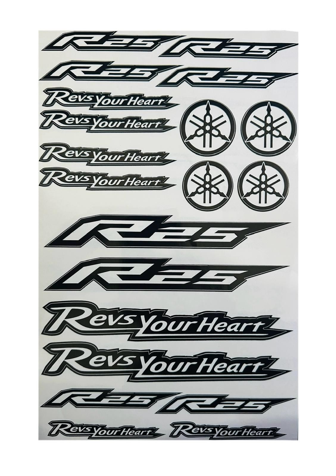Yamaha R25 Uyumlu Siyah Beyaz 20 Parça A4 Sticker Seti