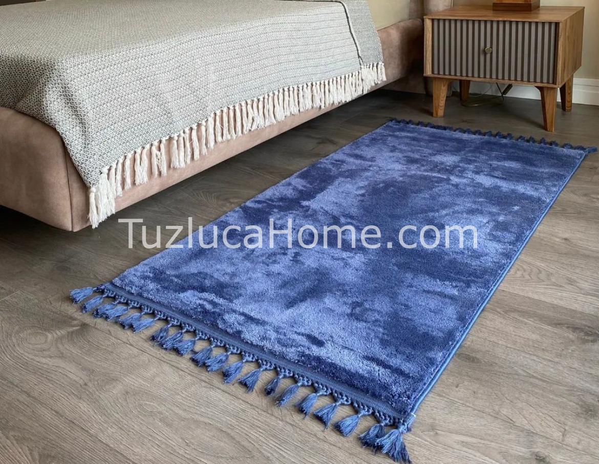 Tuzluca Home Özel Ölçü Yıkanabilir Dokuma Taban Puffy Peluş Halı İndigo