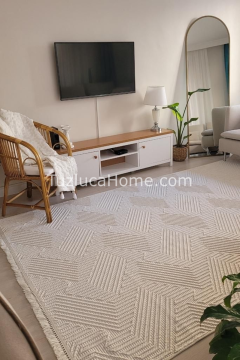 Jade İskandinav Bohem Tarz Özel Ölçü Kesme Makina Halısı 03 ekru