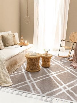 Tuzluca Home Bohem İskandinav Tarz Özel Ölçülü l Makina Halısı 04 Bej