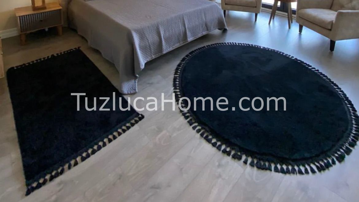 Tuzluca Home Özel Ölçü Yıkanabilir Dokuma Taban Puffy Peluş Halı Siyah