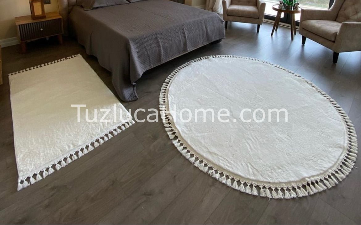 Tuzluca Home Özel Ölçü Yıkanabilir Dokuma Taban Puffy Peluş Halı Beyaz