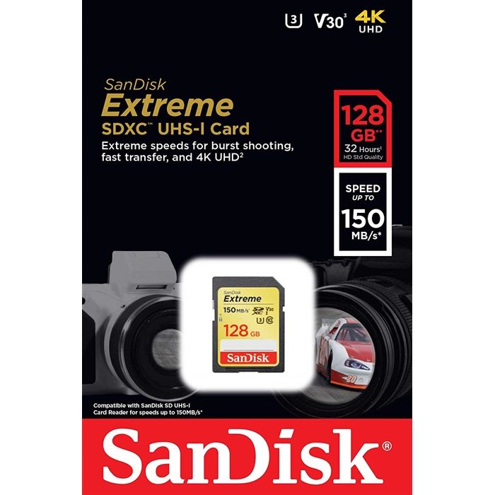 Sandisk 128GB SDXC Extreme 150MB/s UHS-I V30 U3 Hafıza Kartı