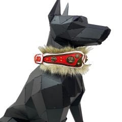 Red ''Griffin'' Fur Leather Dog Collar