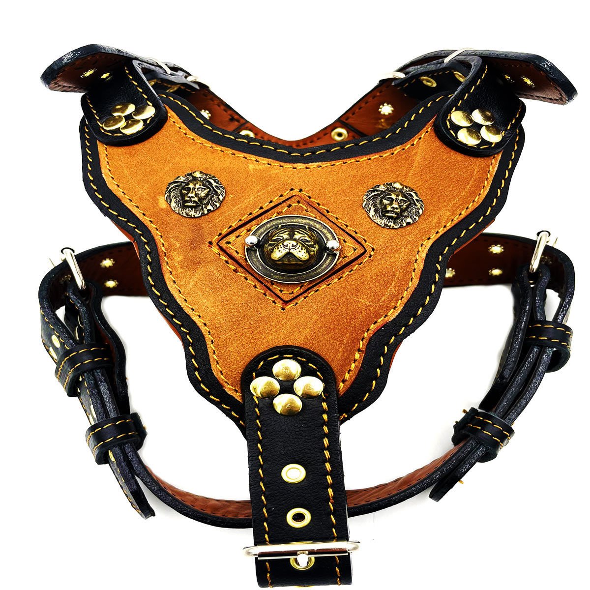 Mustard Pitbull Head Leather Dog Harness