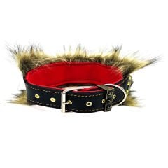 Black-White ''King Lion'' Fur Leather Dog Collar