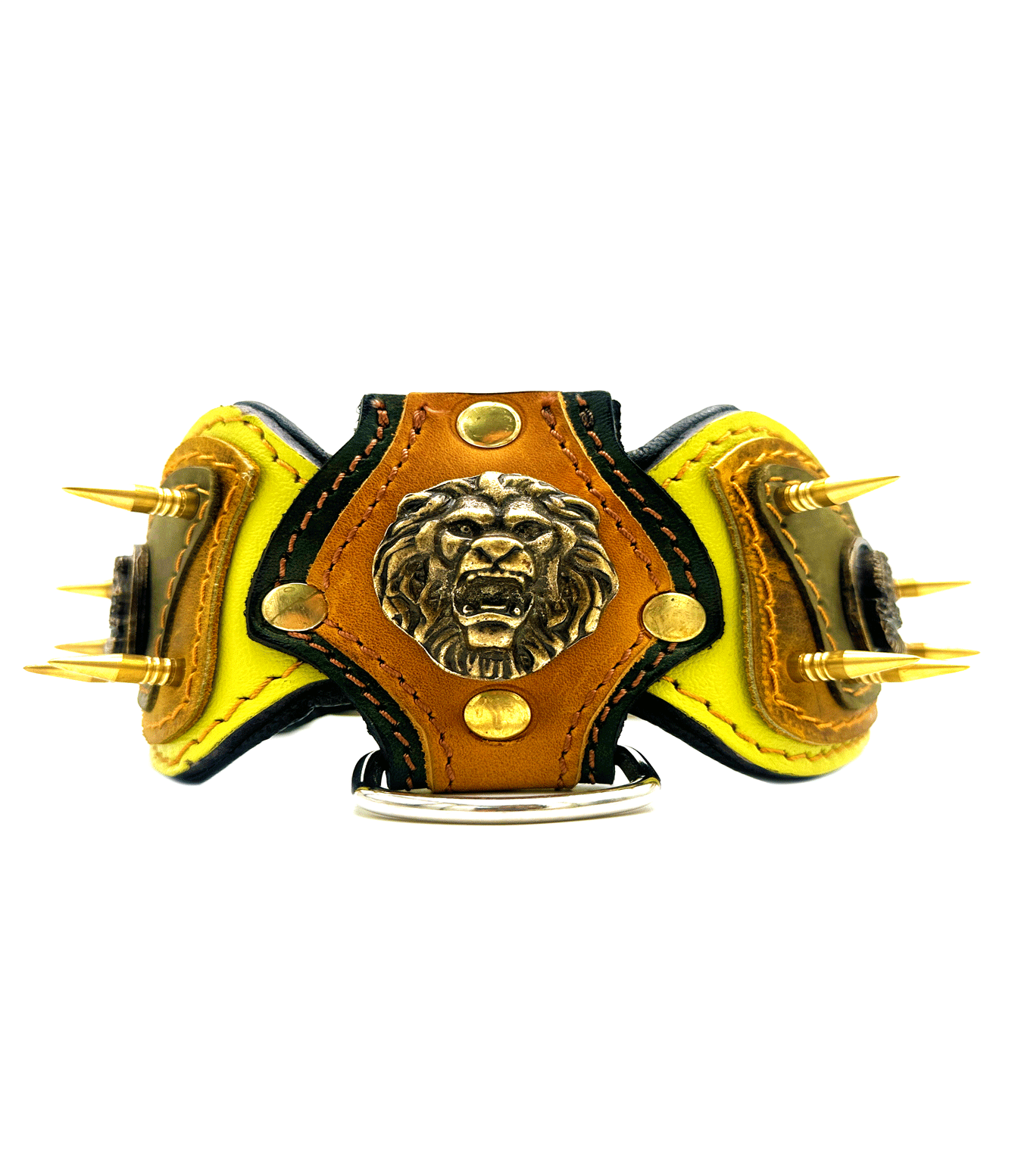 Lion Figured Spiked Handmade Leather Dog Collar