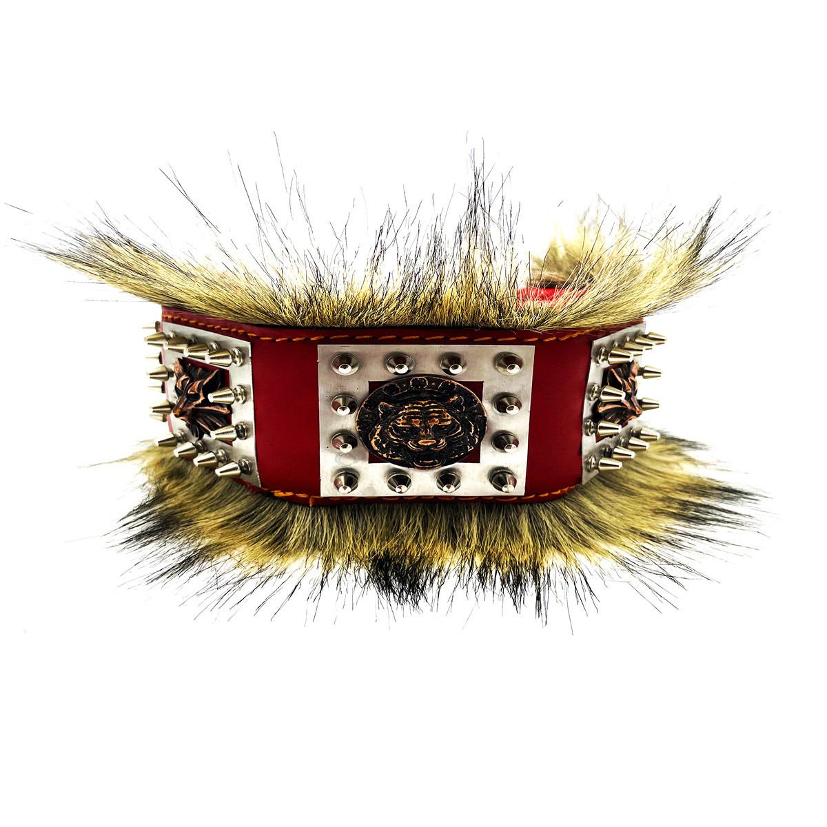 Red ''Kings of the Jungle'' Fur Leather Dog Collar