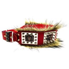 Red ''Kings of the Jungle'' Fur Leather Dog Collar