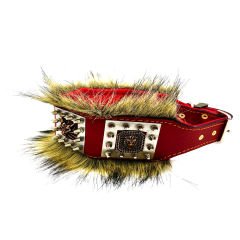 Red ''Kings of the Jungle'' Fur Leather Dog Collar