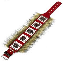 Red ''Kings of the Jungle'' Fur Leather Dog Collar