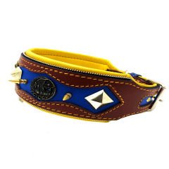 Brown-Dark Blue ''Hercules'' Spiked Leather Dog Collar