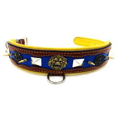 Brown-Dark Blue ''Hercules'' Spiked Leather Dog Collar