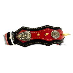 Spiked Bear Headed Handmade Leather Dog Collar L - Black-Red