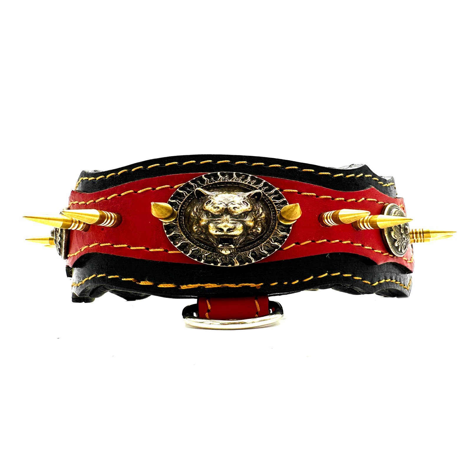 Spiked Bear Headed Handmade Leather Dog Collar L - Black-Red