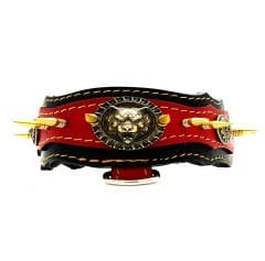 Spiked Bear Headed Handmade Leather Dog Collar L - Black-Red