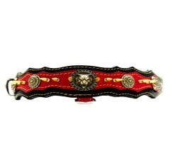 Spiked Bear Headed Handmade Leather Dog Collar L - Black-Red
