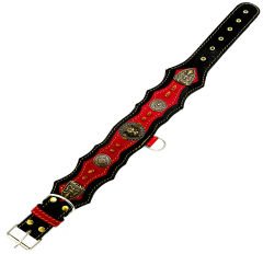 Spiked Bear Headed Handmade Leather Dog Collar L - Black-Red