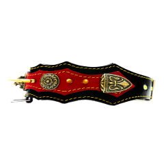 Spiked Bear Headed Handmade Leather Dog Collar L - Black-Red