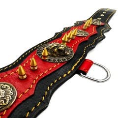 Spiked Bear Headed Handmade Leather Dog Collar L - Black-Red
