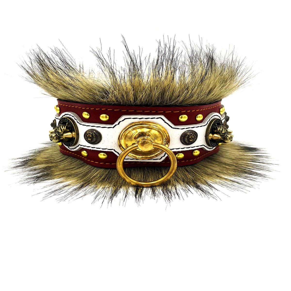 Red ''Excalibur'' Fur Leather Dog Collar