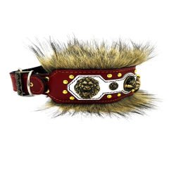 Red ''Excalibur'' Fur Leather Dog Collar